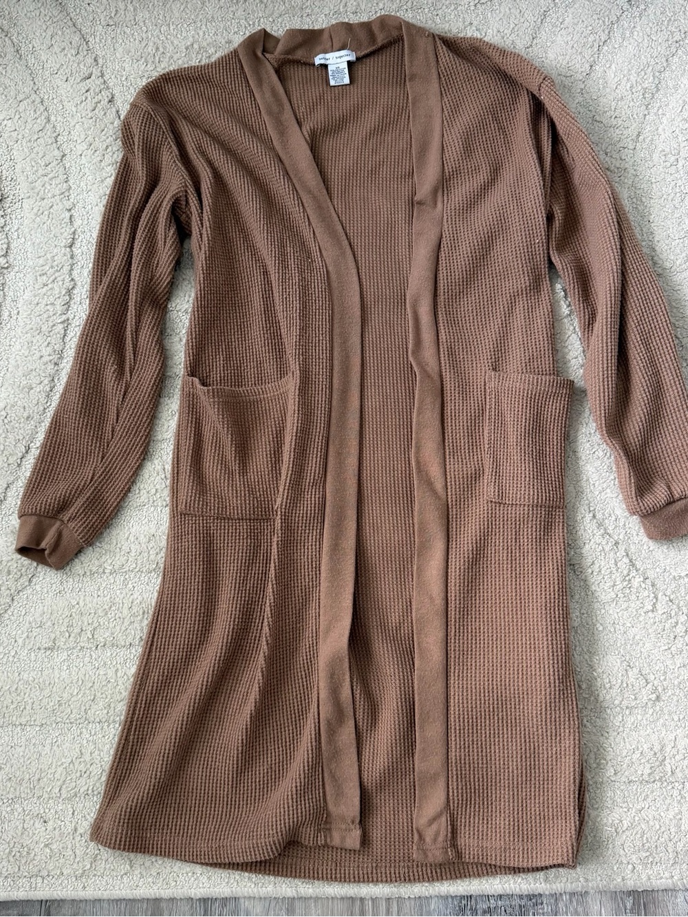 Open-Front Waffle Knit Long Cardigan Sweater - Brown